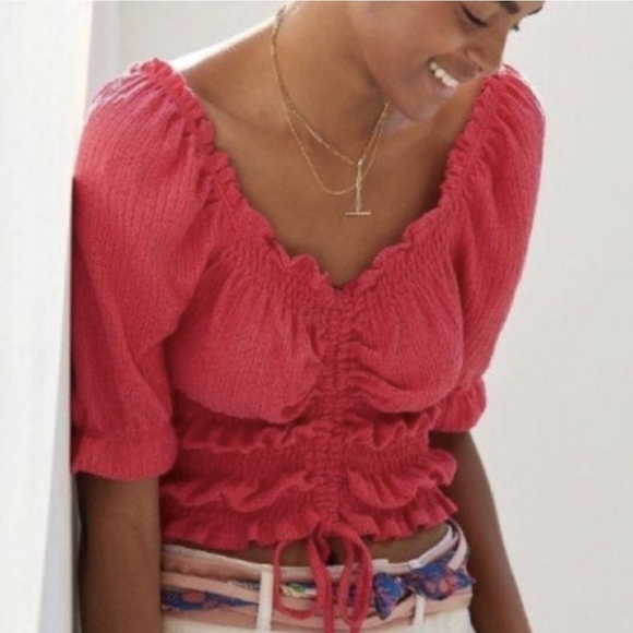 Anthropologie Pilcro Crop Top Peasant Puff Sleeves Pink - Size Large - Picture 2 of 13